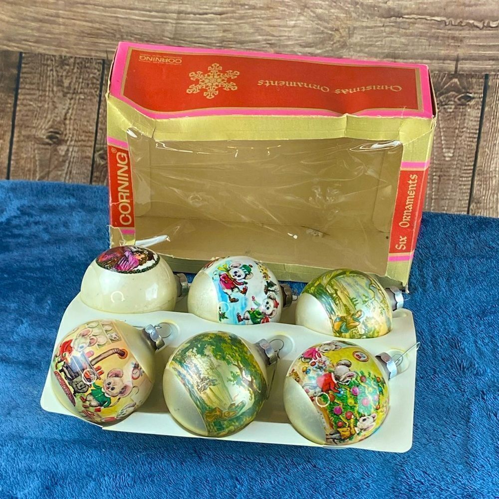 Set of six beautiful vintage glass Christmas ornaments by Corning